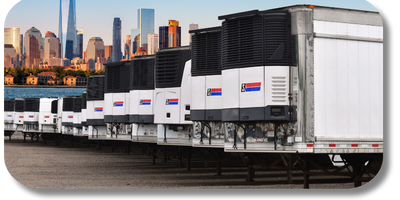 A row of refrigerated trailers parked with a city skyline in the background, showcasing a fleet of cold supply chain equipment.