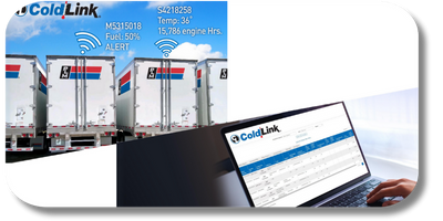 Image depicting trailers equipped with ColdLink technology for GPS telematics and temperature monitoring, alongside a laptop displaying the ColdLink management interface.